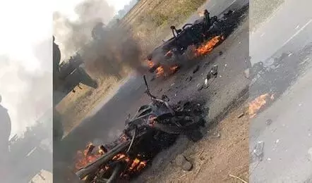 Two bikes catch fire after colliding in Bendapudi, one killed