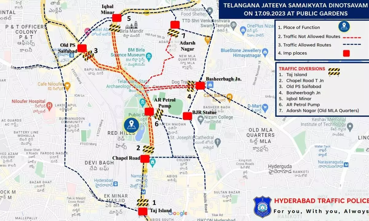 Traffic advisory for Telangana National Integration Day celebrations in Hyderabad on Sunday