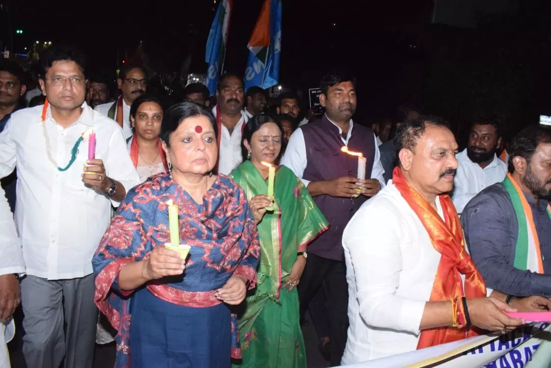 Congress holds candle rally in Hyderabad to condemn blocking of Rahul Gandhis yatra