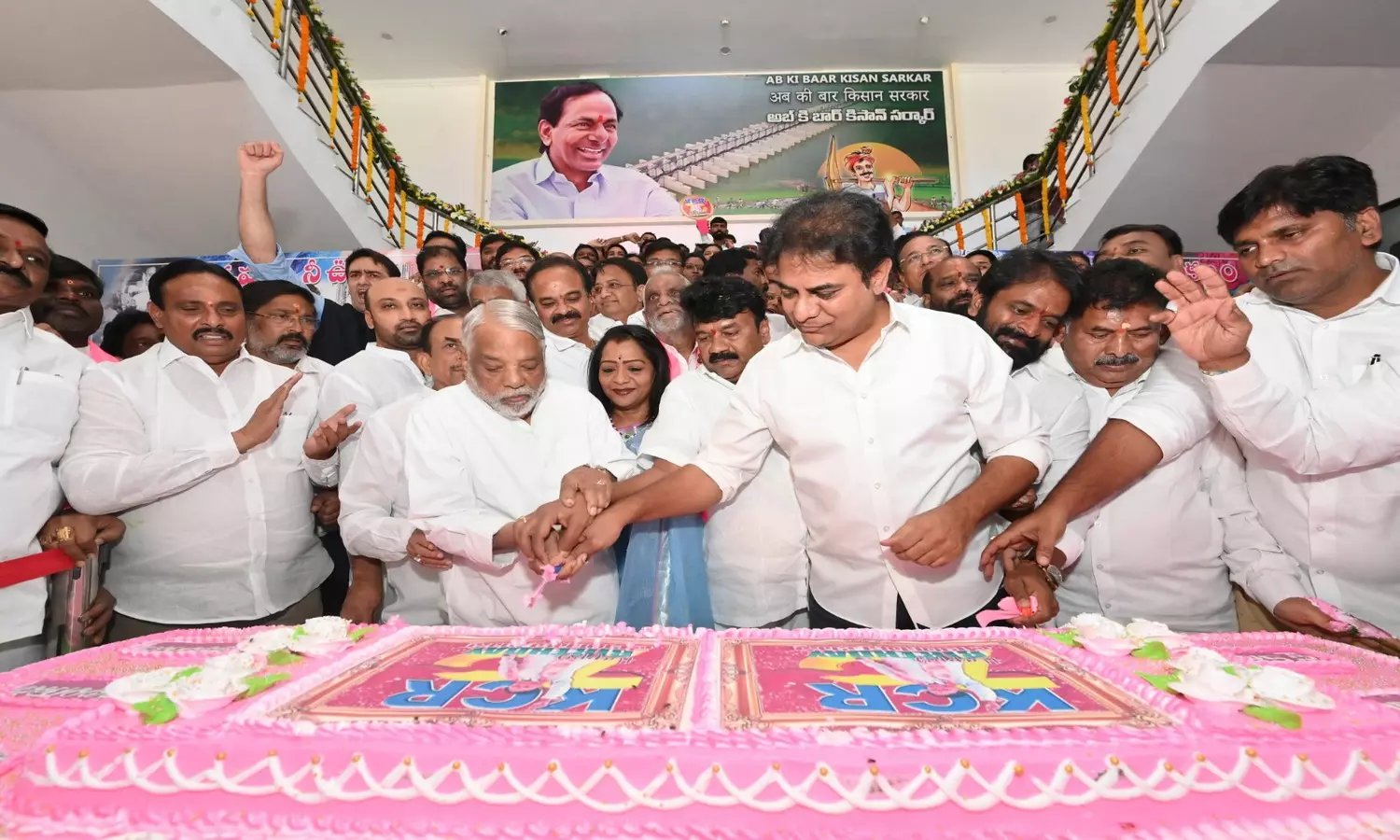 KTR, top BRS leaders join the grand celebration of KCRs 70th birthday at Telangana Bhavan