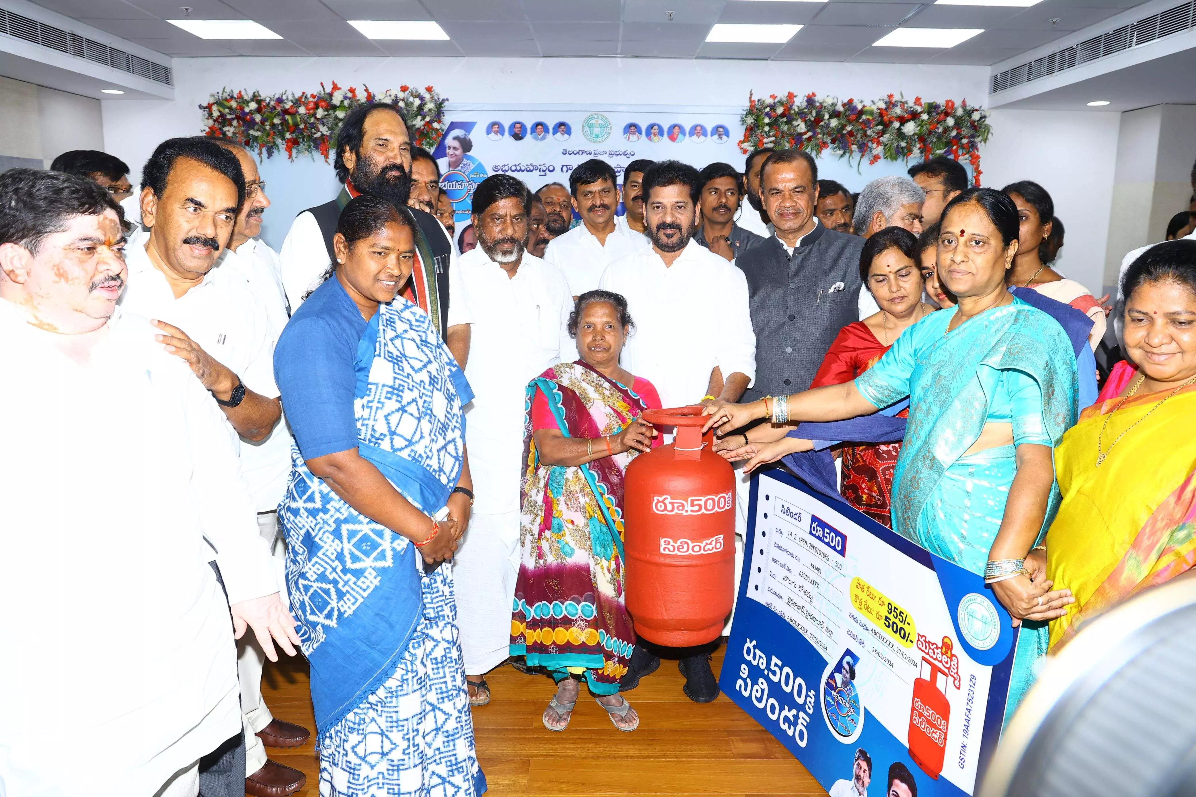 Revanth Reddy launches Rs 500 gas cylinder, 200 units free power schemes