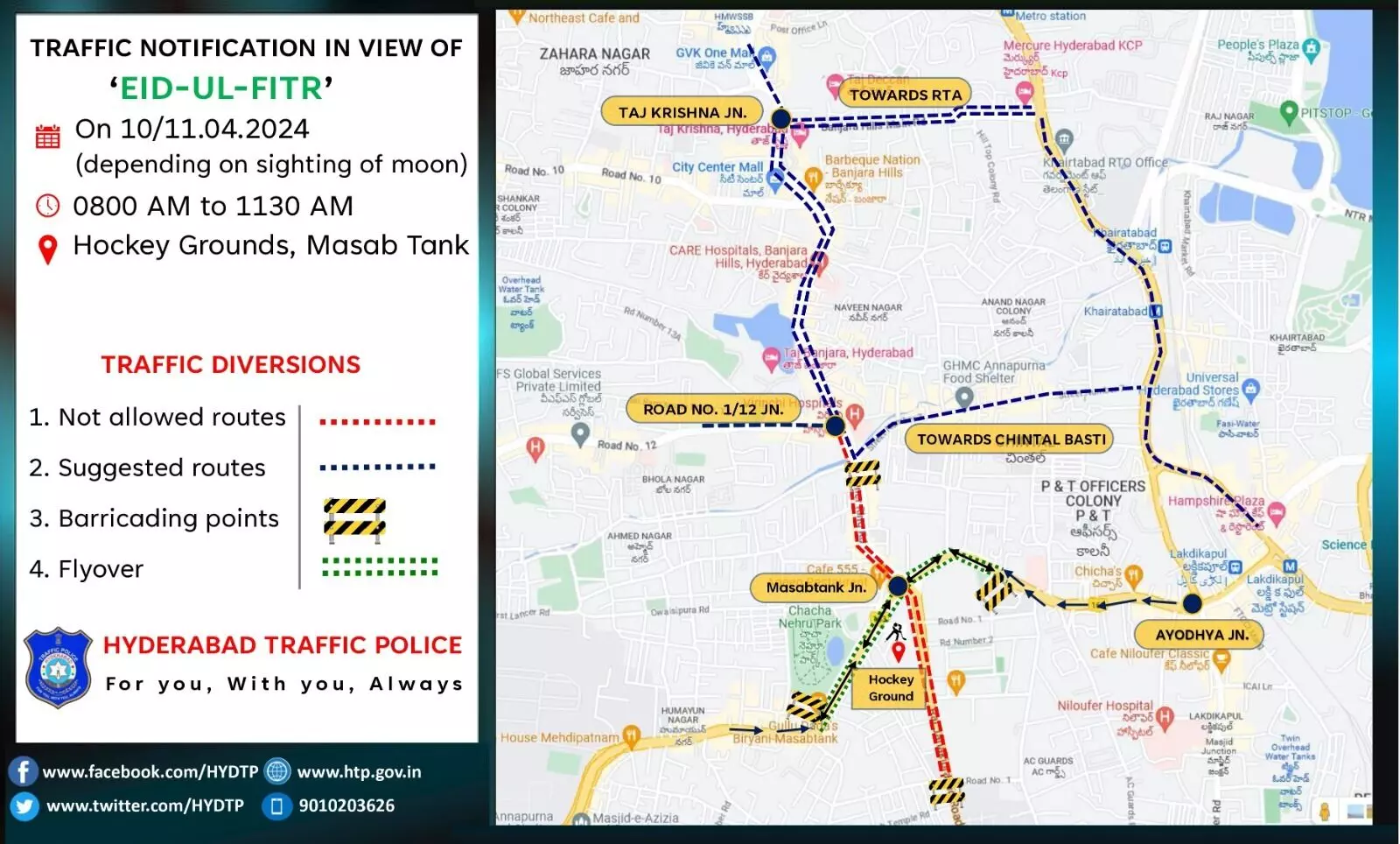 Hyderabad police impose traffic diversions for EID-UL-FITR prayers on April 11