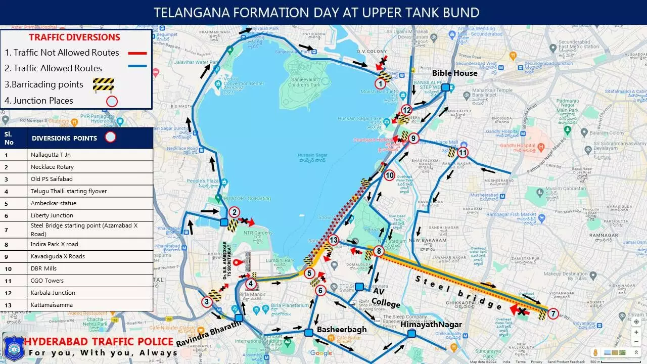 Traffic diversions for Telangana State Formation Day Celebration in Hyderabad