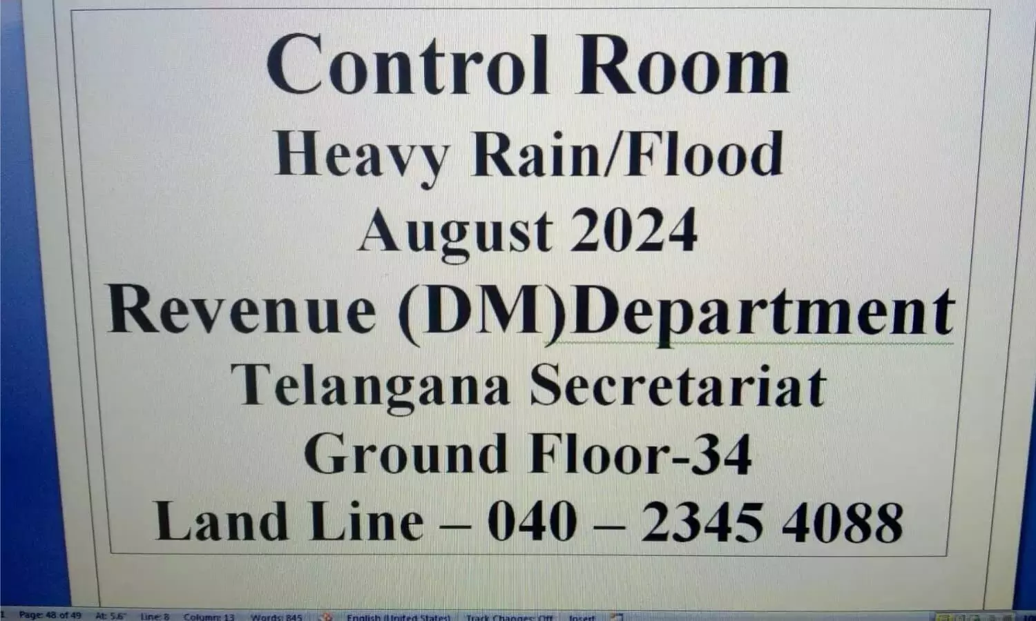 Special control room established at Secretariat to monitor rain situation