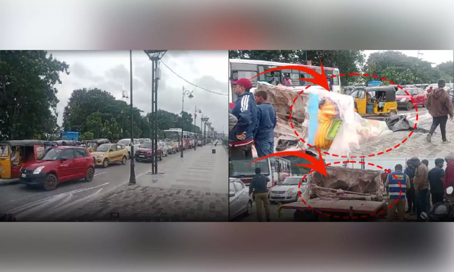 Ganesh idol falls on Tank Bund road, causes massive traffic jam