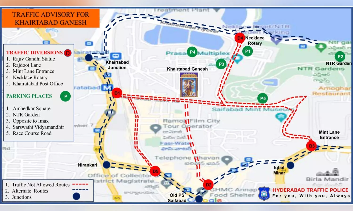 Traffic diversions in place for Khairatabad Ganesh immersion on September 17