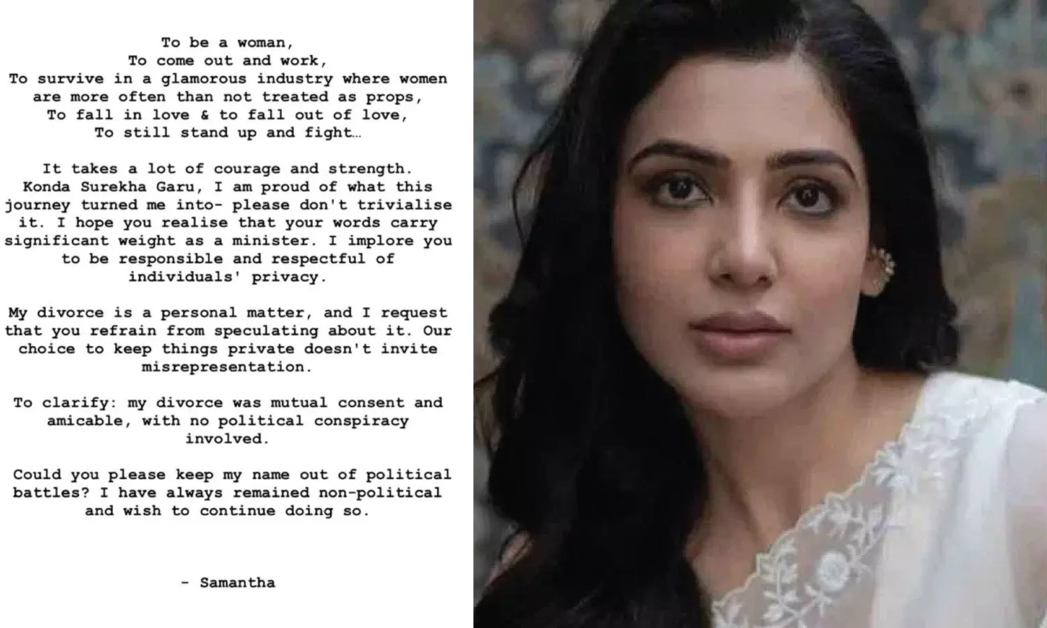 Samantha urges Konda Surekha to refrain from using her personal life for  political purposes