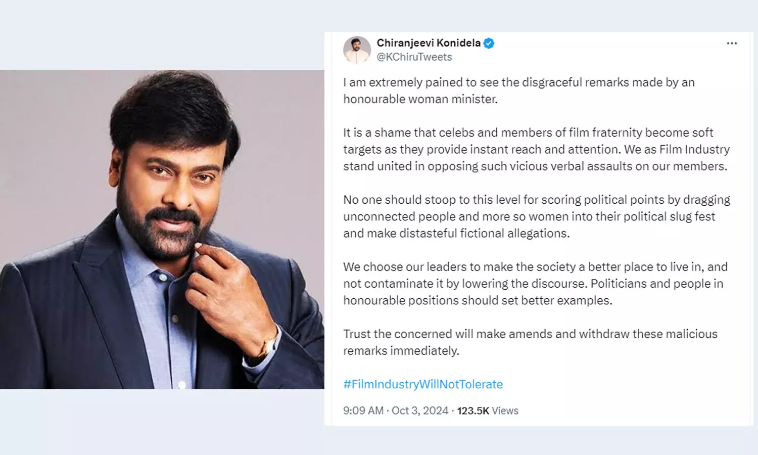 Film industry stands united against vicious verbal assaults on its members: Chiranjeevi