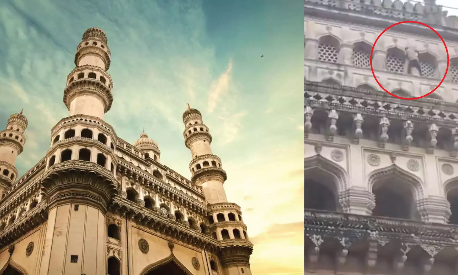 Man seen walking dangerously between windows at Charminar