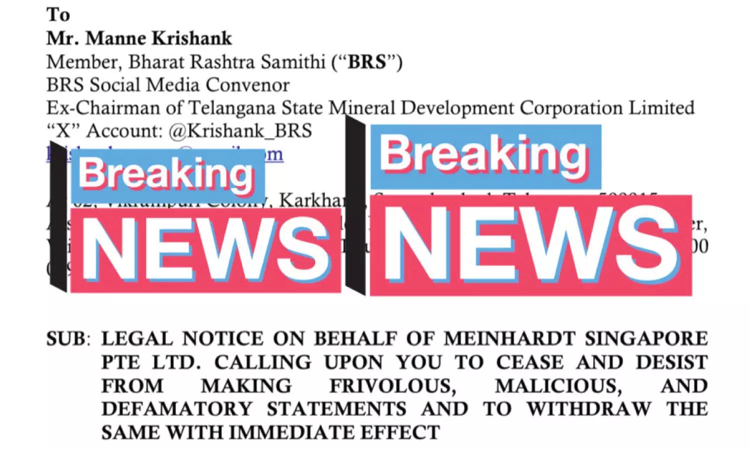 Meinhardt issues legal notice to BRS leader Krishank over Musi project allegations